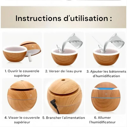 Mini diffuseur ultrasonique USB, humidificateur d'air portable en grain de bois, brumisateur d'huiles essentielles et purificateur.