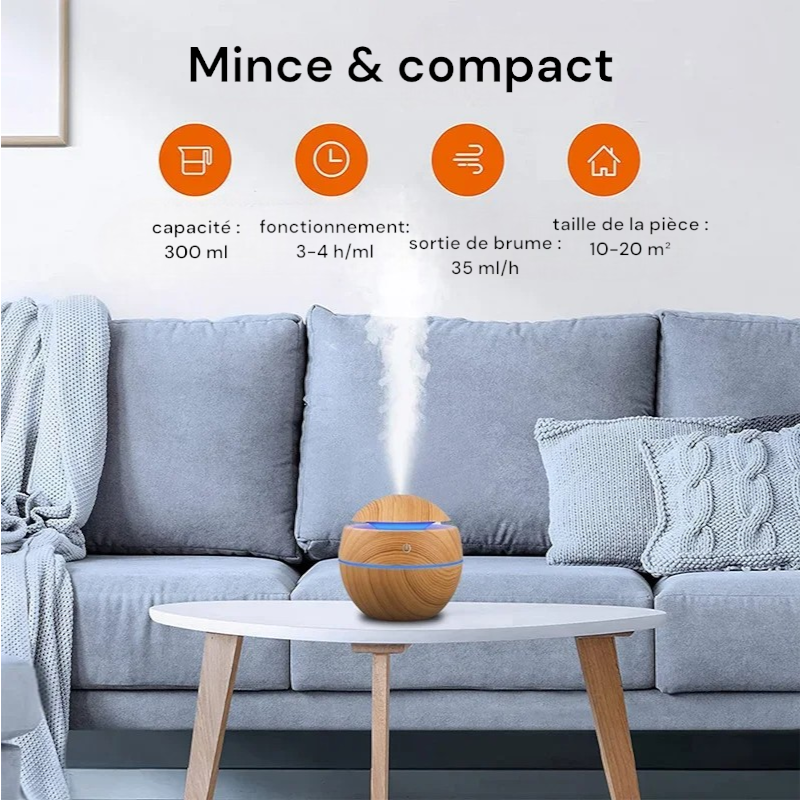 Mini diffuseur ultrasonique USB, humidificateur d'air portable en grain de bois, brumisateur d'huiles essentielles et purificateur.