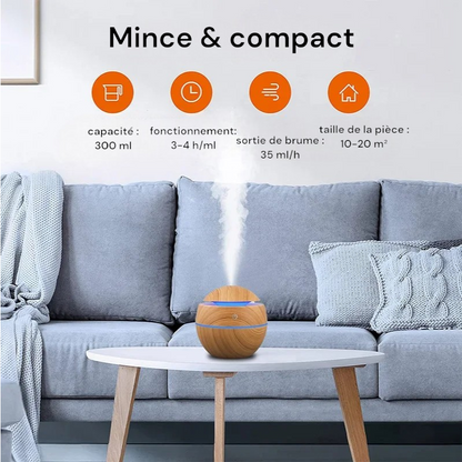 Mini diffuseur ultrasonique USB, humidificateur d'air portable en grain de bois, brumisateur d'huiles essentielles et purificateur.