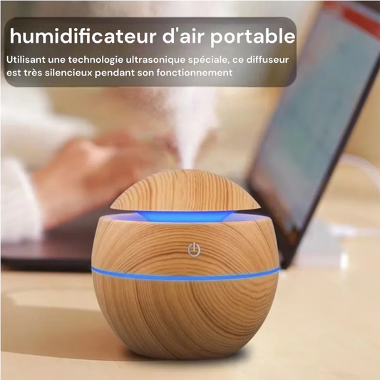 Mini diffuseur ultrasonique USB, humidificateur d'air portable en grain de bois, brumisateur d'huiles essentielles et purificateur.