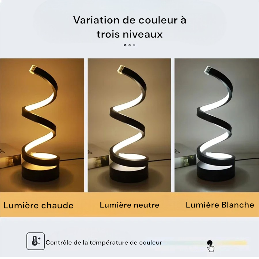 Lampe de table LED en spirale - veilleuse moderne, intensité réglable, idéale pour chambre, bureau, salon
